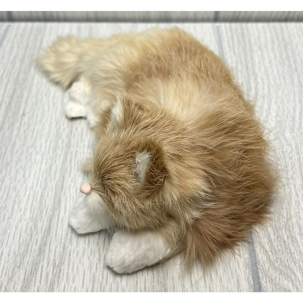 Vintage Realistic Furry Cat Figurine‎ Tan and White Sleeping Cat Soft